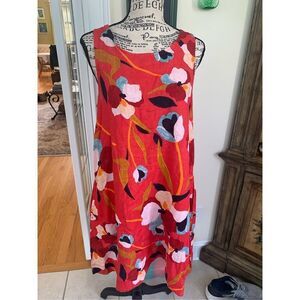 Sigrid Olsen Women's Large 100% Linen Dress Sleeveless Red Floral